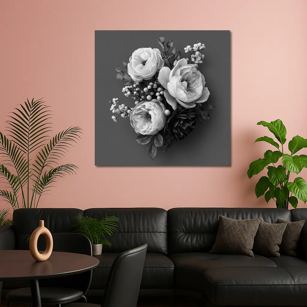 Black and White Peony Bouquet Gray Background – Wall Art