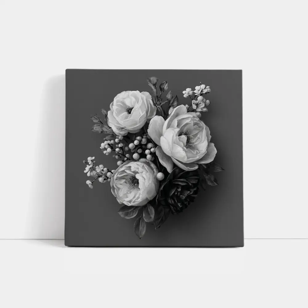 Black and White Peony Bouquet Gray Background – Wall Art