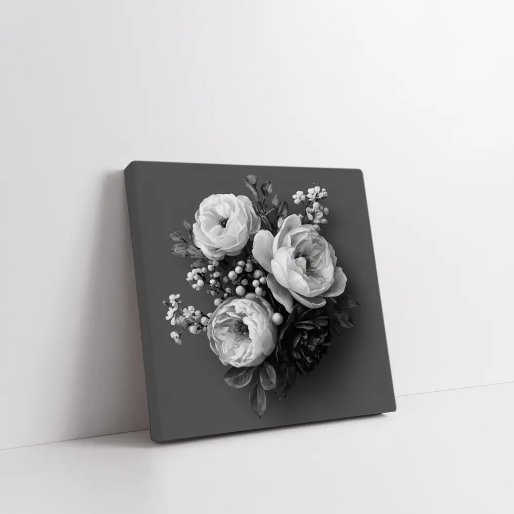 Black and White Peony Bouquet Gray Background – Wall Art