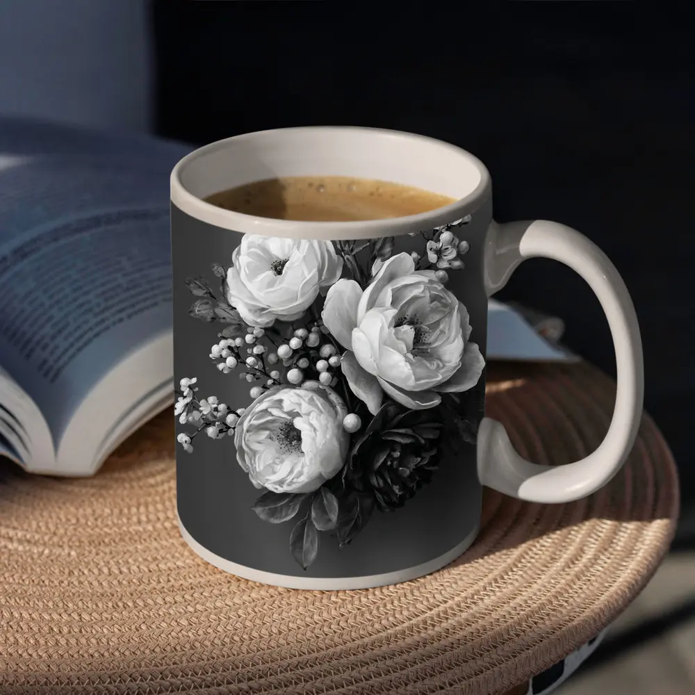 Black and White Peony Bouquet Gray Background – Mugs