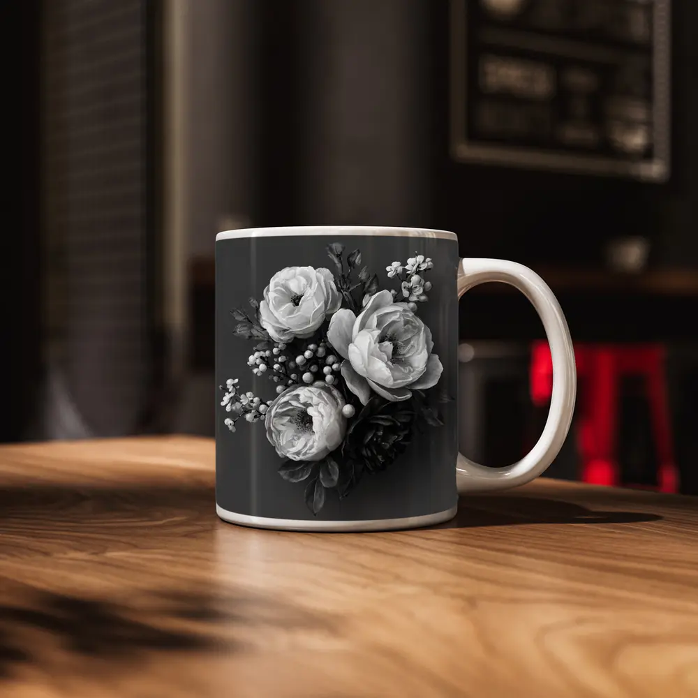 Black and White Peony Bouquet Gray Background – Mugs