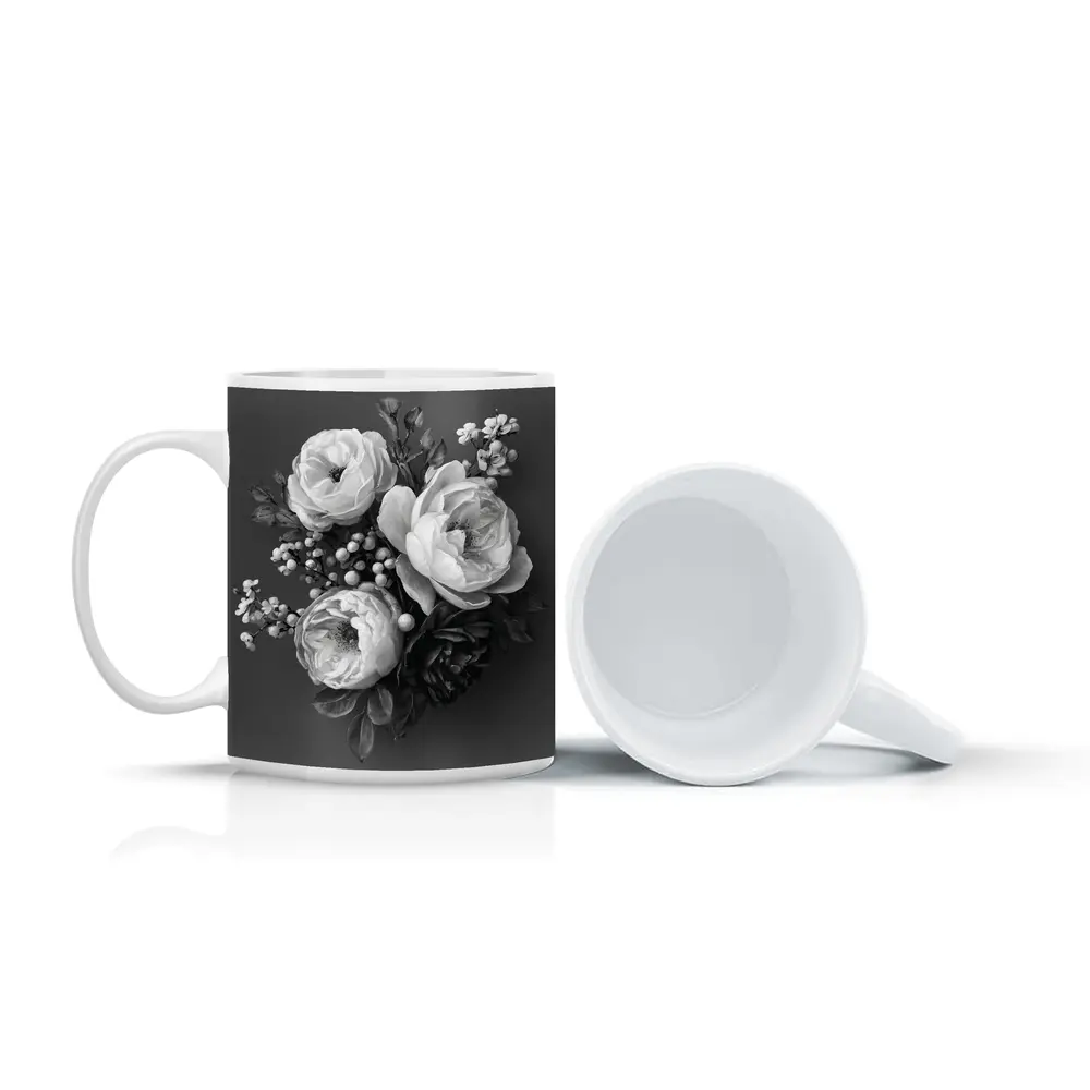 Black and White Peony Bouquet Gray Background – Mugs