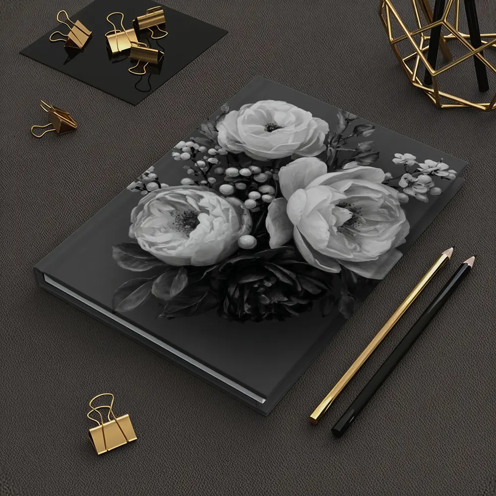 Black and White Peony Bouquet Gray Background – Notebooks