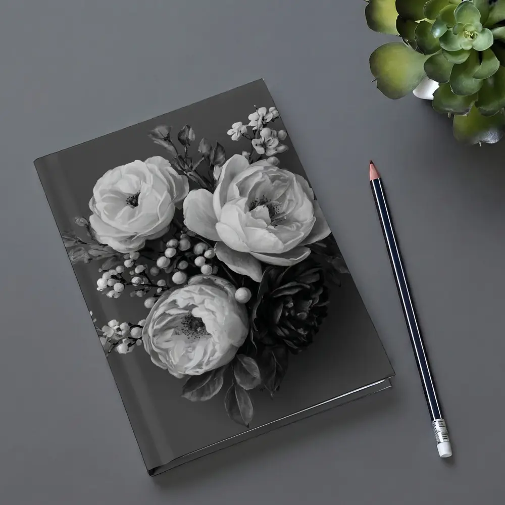 Black and White Peony Bouquet Gray Background – Notebooks