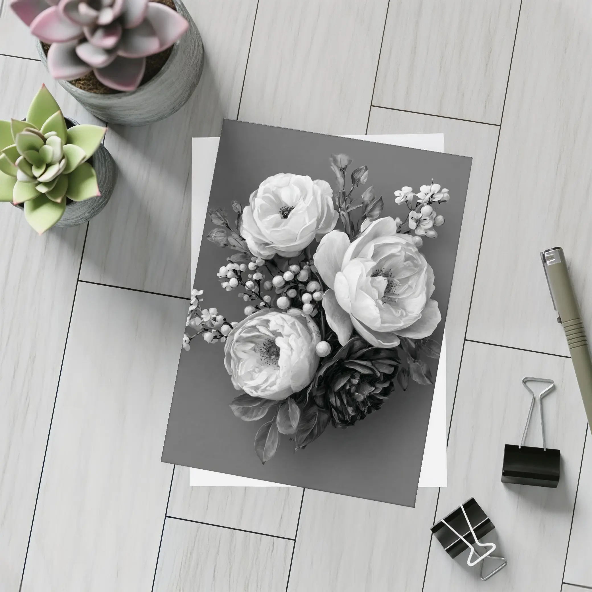 Black and White Peony Bouquet Gray Background – Postcards