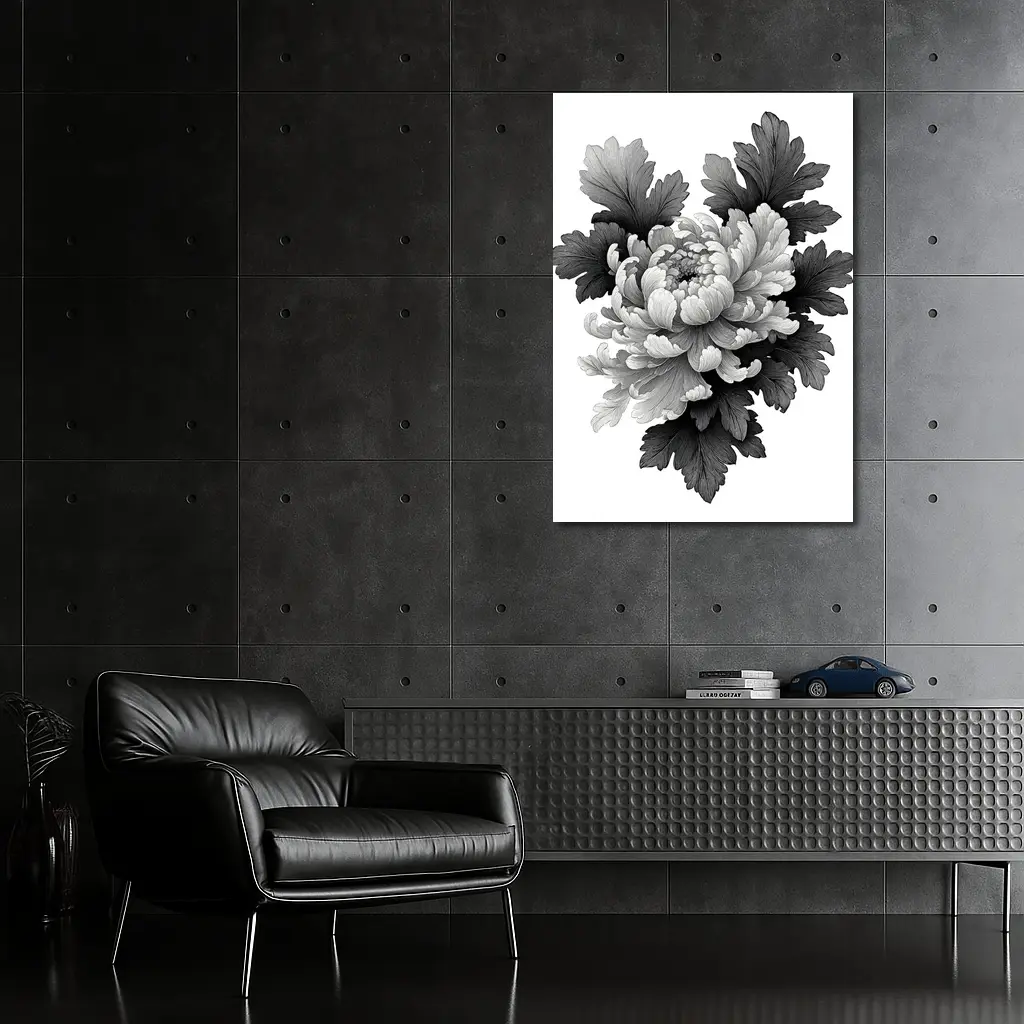 Black and White Chrysanthemum Botanical Illustration – Wall Art