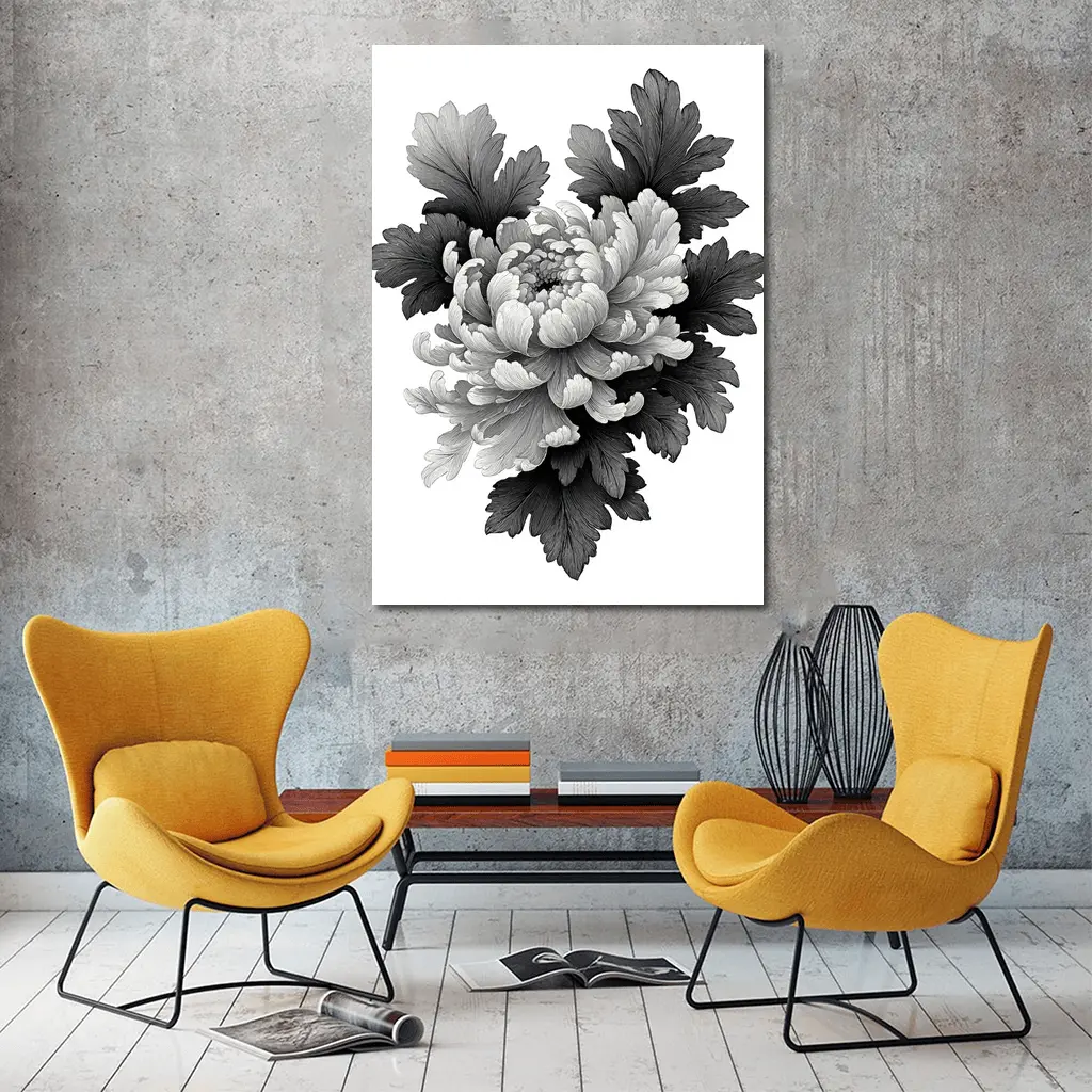 Black and White Chrysanthemum Botanical Illustration – Wall Art