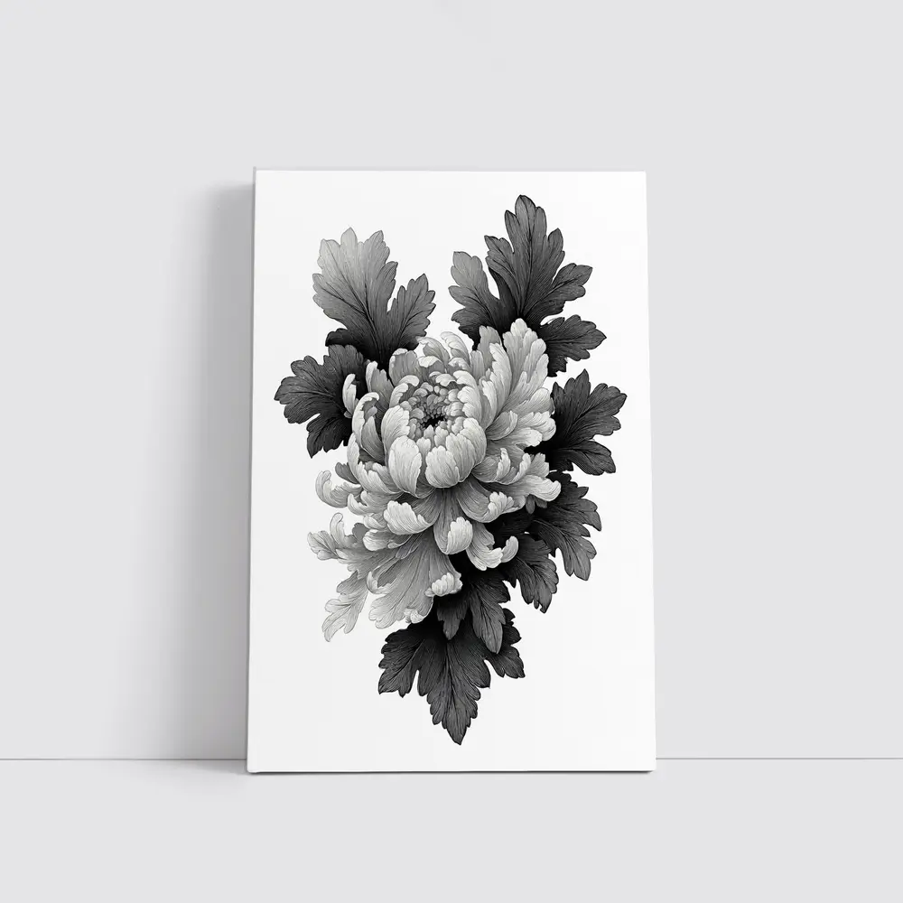 Black and White Chrysanthemum Botanical Illustration – Wall Art