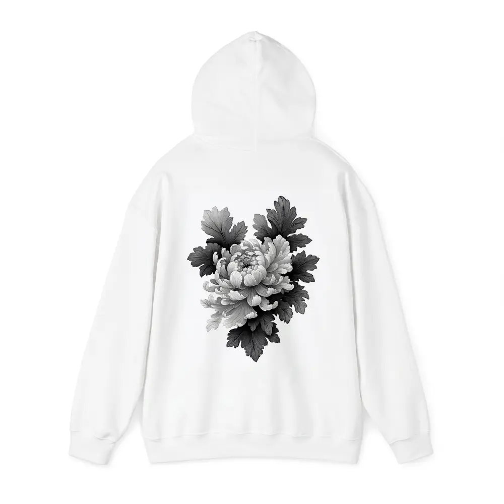 Black and White Chrysanthemum Botanical Illustration – Hoodies