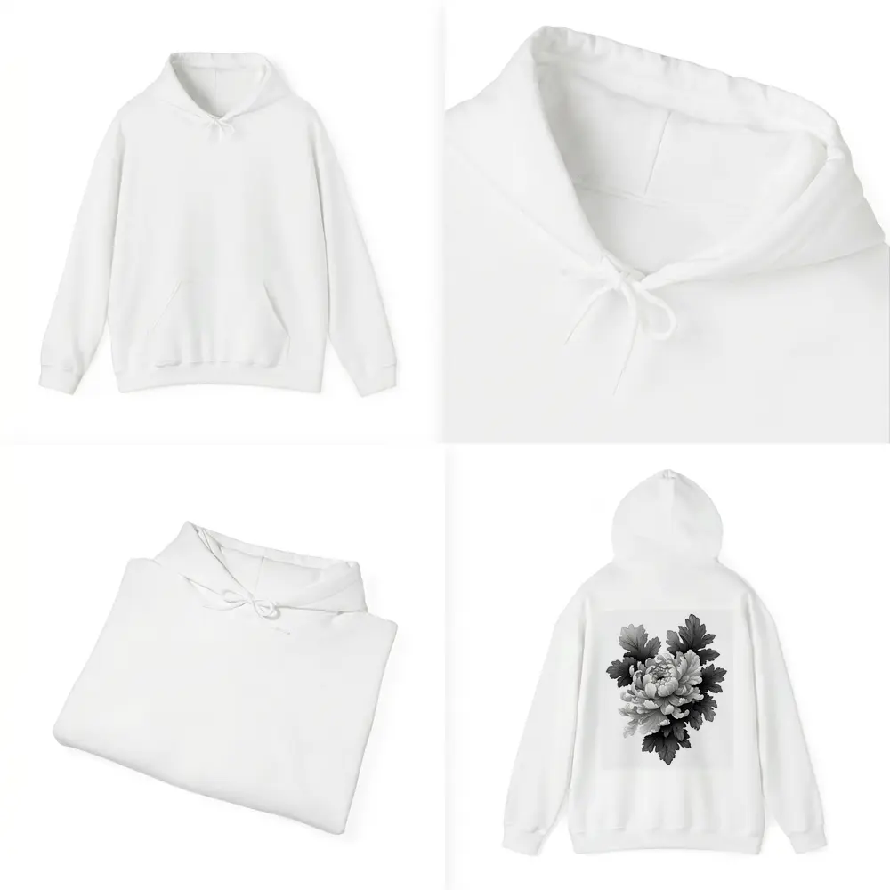 Black and White Chrysanthemum Botanical Illustration – Hoodies