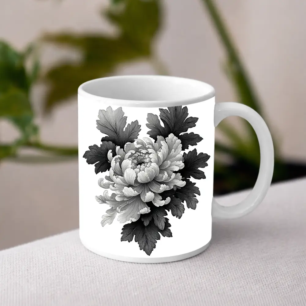 Black and White Chrysanthemum Botanical Illustration – Mugs