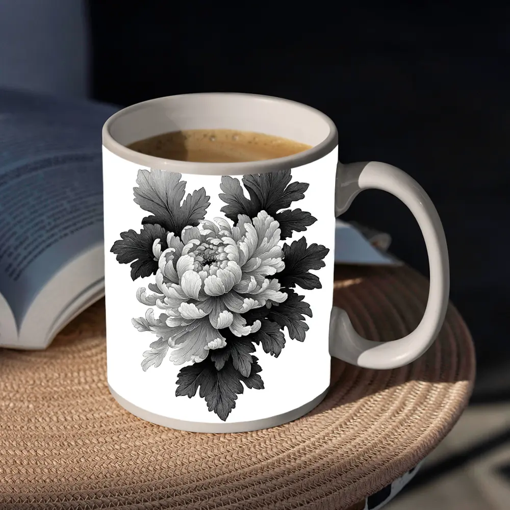Black and White Chrysanthemum Botanical Illustration – Mugs