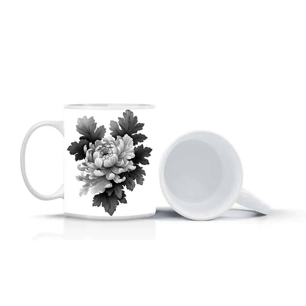 Black and White Chrysanthemum Botanical Illustration – Mugs