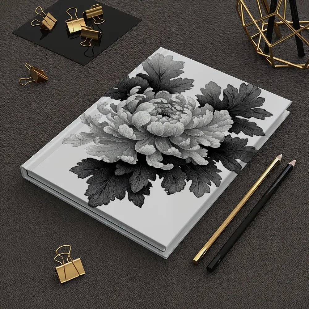 Black and White Chrysanthemum Botanical Illustration – Notebooks