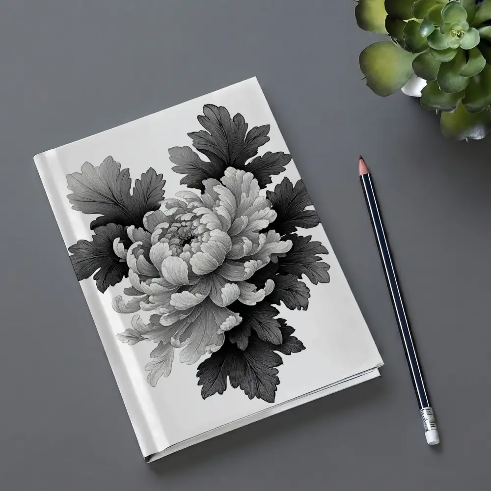 Black and White Chrysanthemum Botanical Illustration – Notebooks