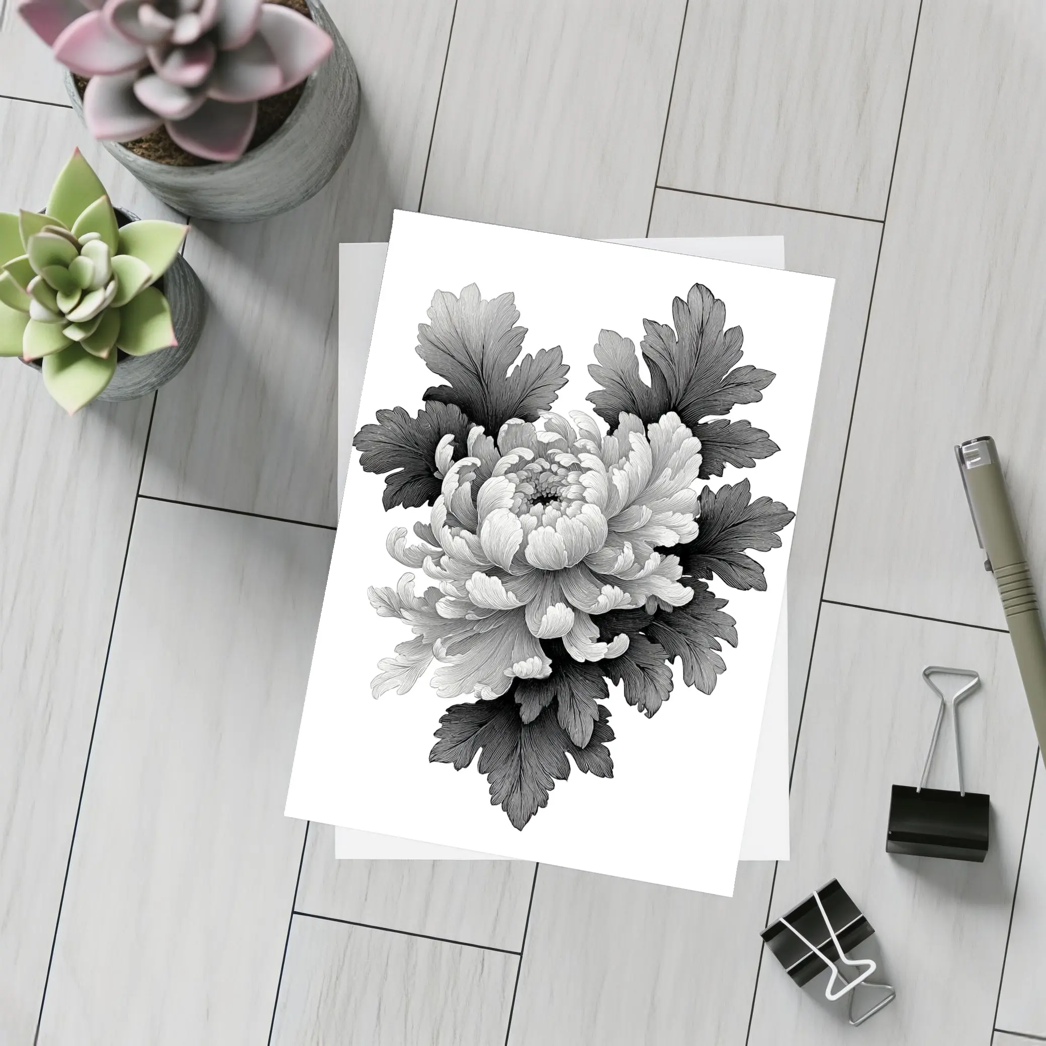 Black and White Chrysanthemum Botanical Illustration – Postcards