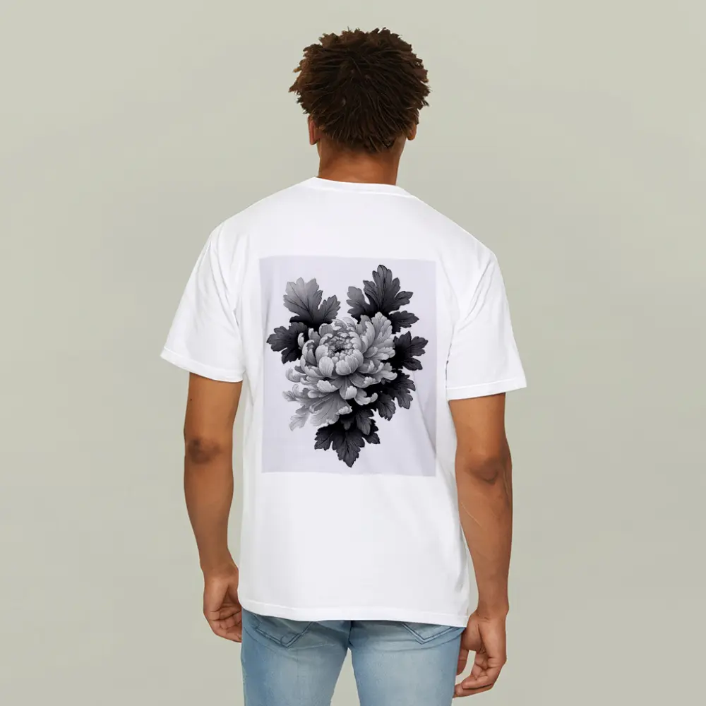 Black and White Chrysanthemum Botanical Illustration – T-Shirts