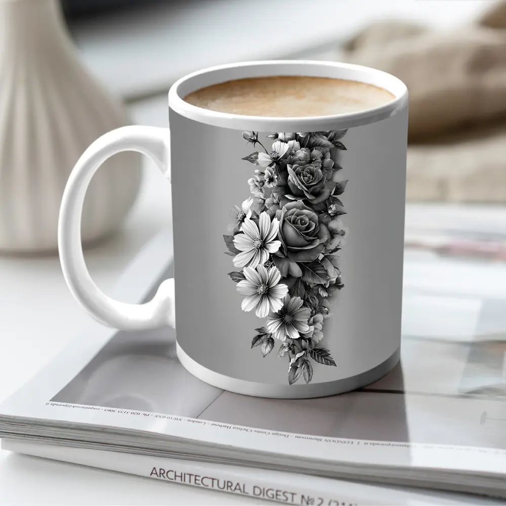 Black and White Rose Wildflower Botanical Art – Mugs