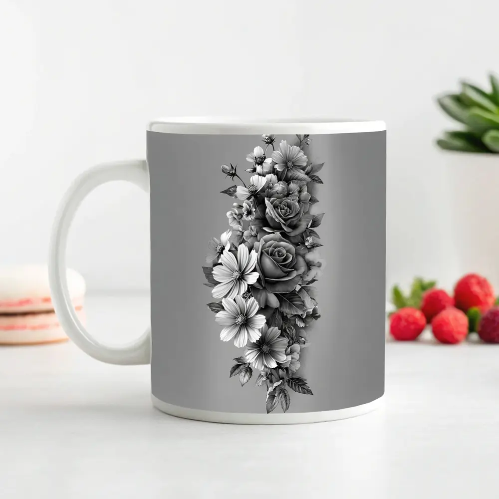 Black and White Rose Wildflower Botanical Art – Mugs
