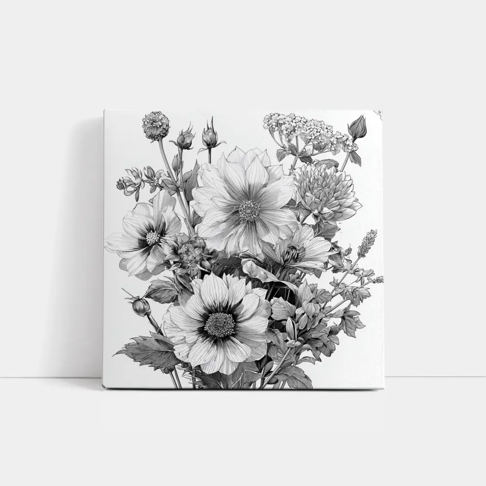 Black and White Botanical Flower Bouquet Drawing – Wall Art