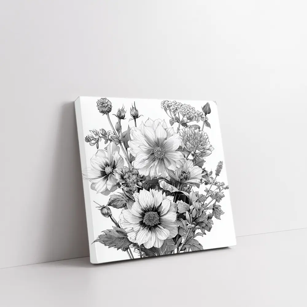 Black and White Botanical Flower Bouquet Drawing – Wall Art