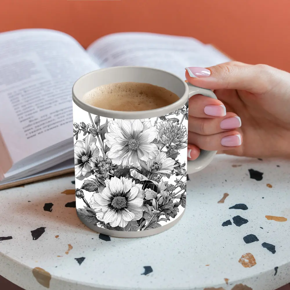 Black and White Botanical Flower Bouquet Drawing – Mugs