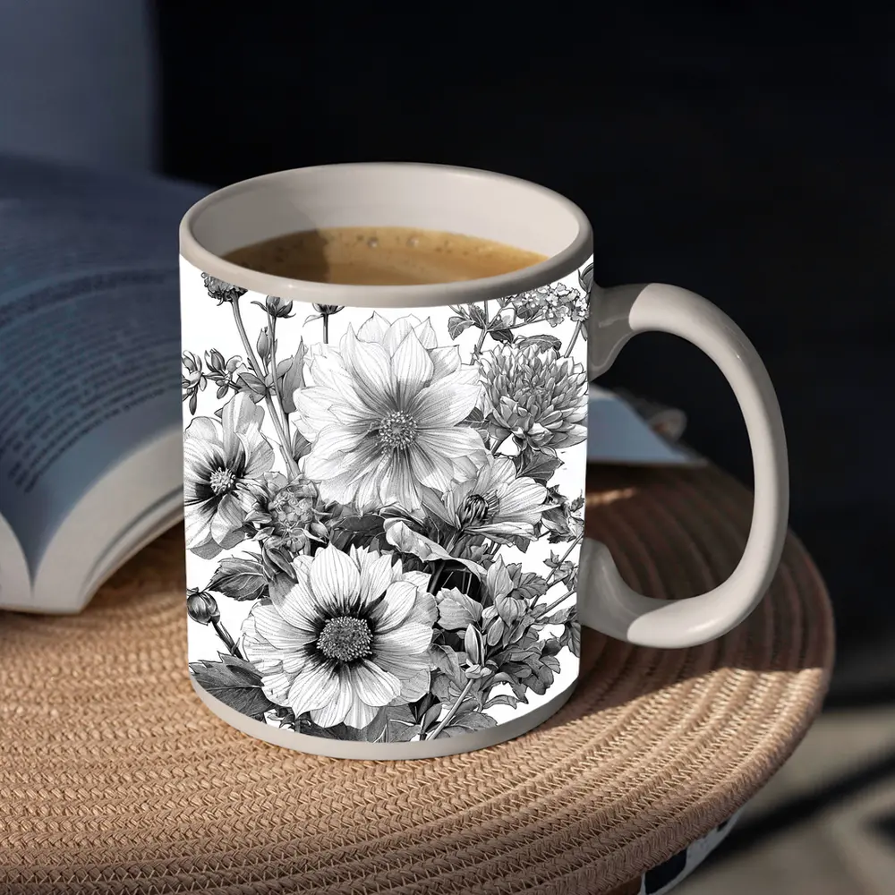 Black and White Botanical Flower Bouquet Drawing – Mugs