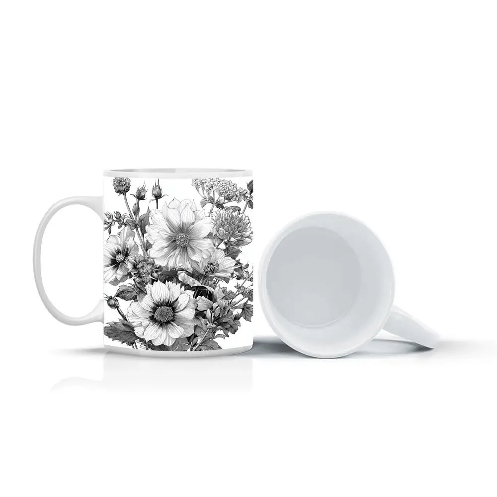 Black and White Botanical Flower Bouquet Drawing – Mugs