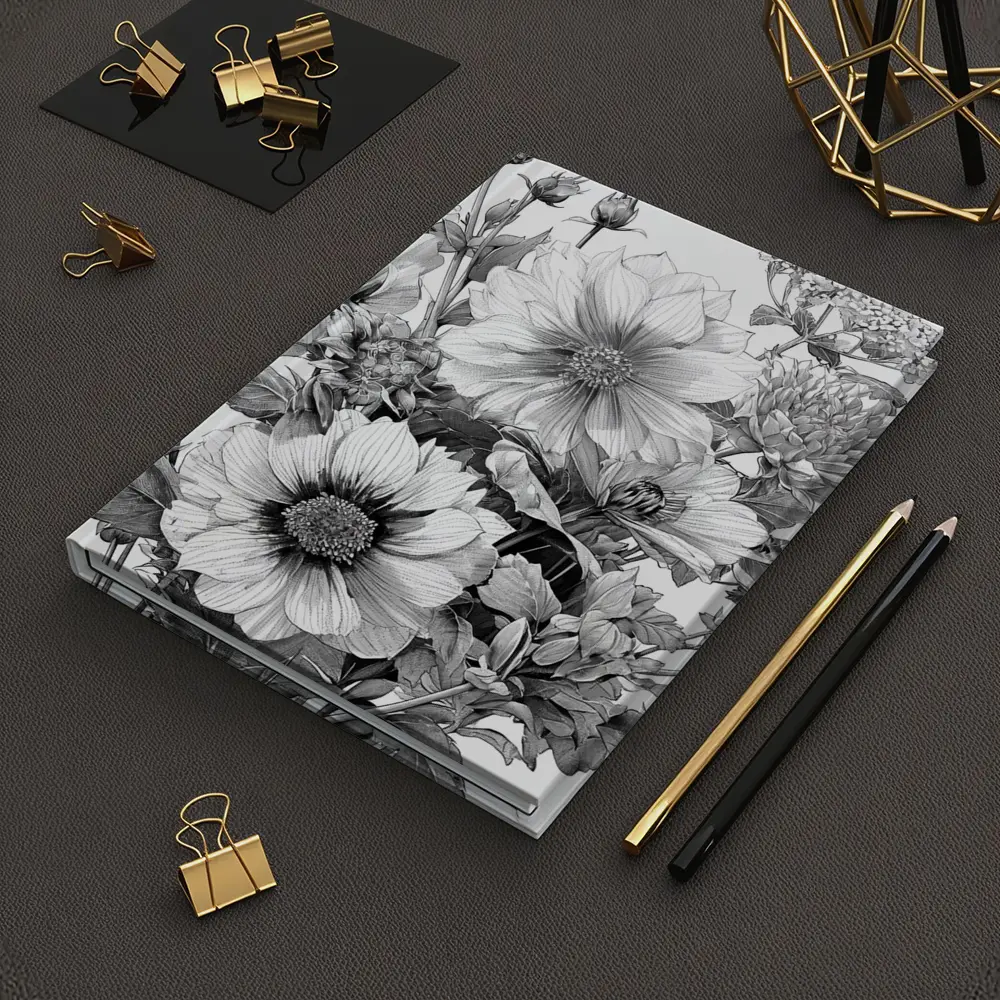 Black and White Botanical Flower Bouquet Drawing – Notebooks