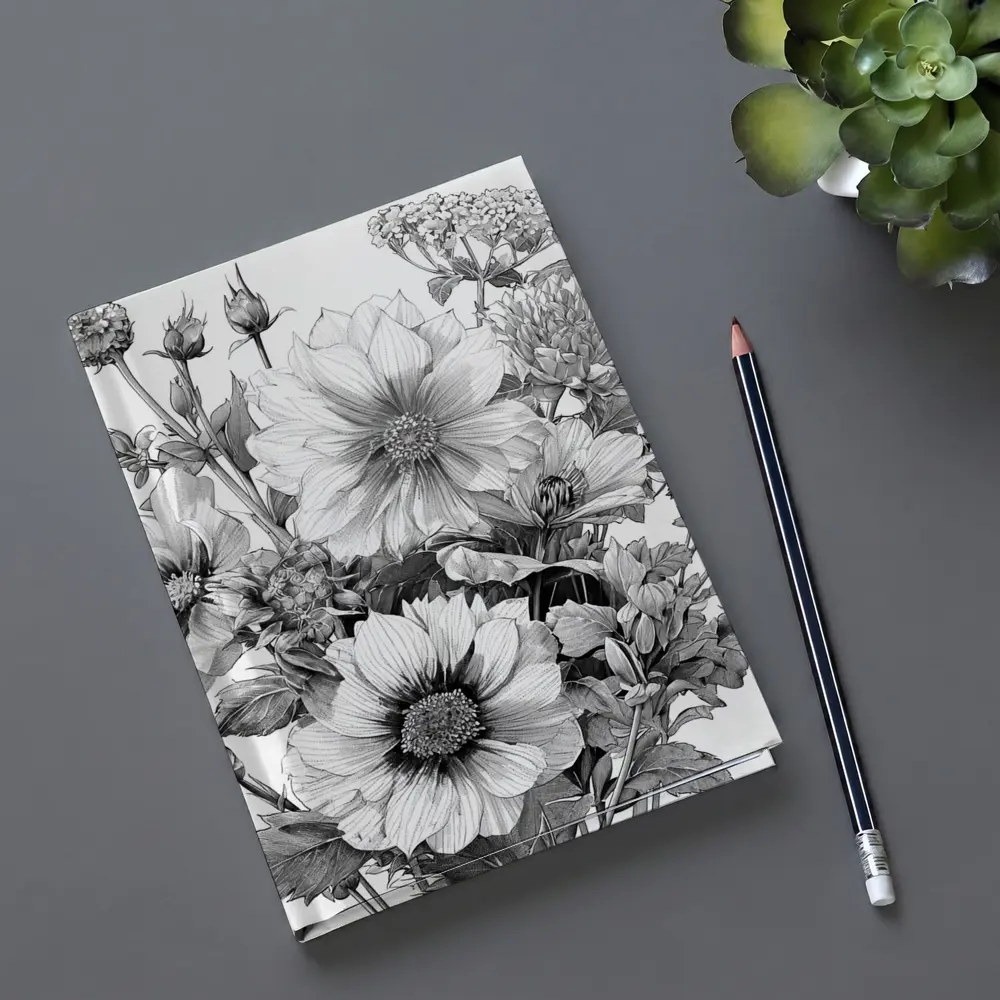 Black and White Botanical Flower Bouquet Drawing – Notebooks