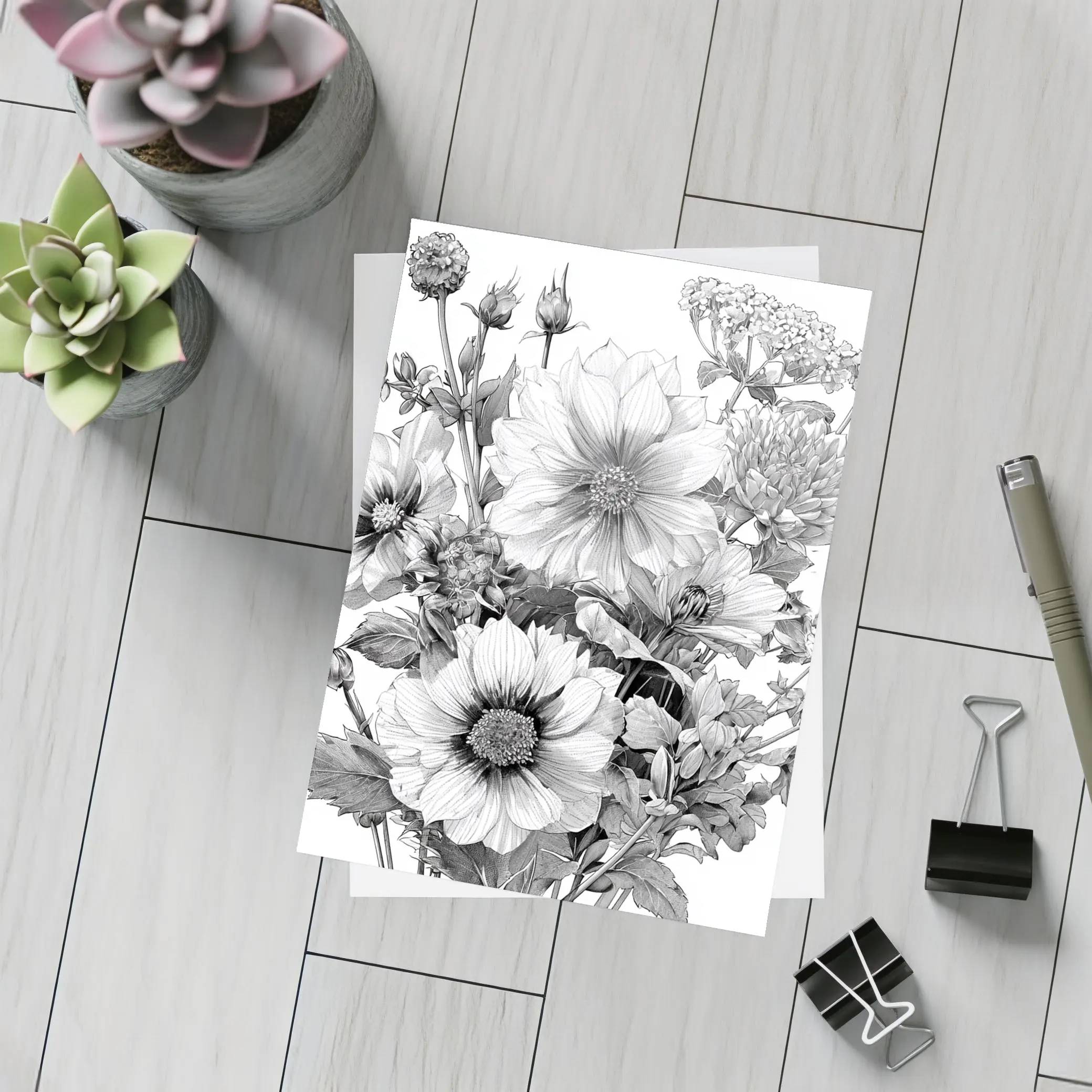 Black and White Botanical Flower Bouquet Drawing – Postcards