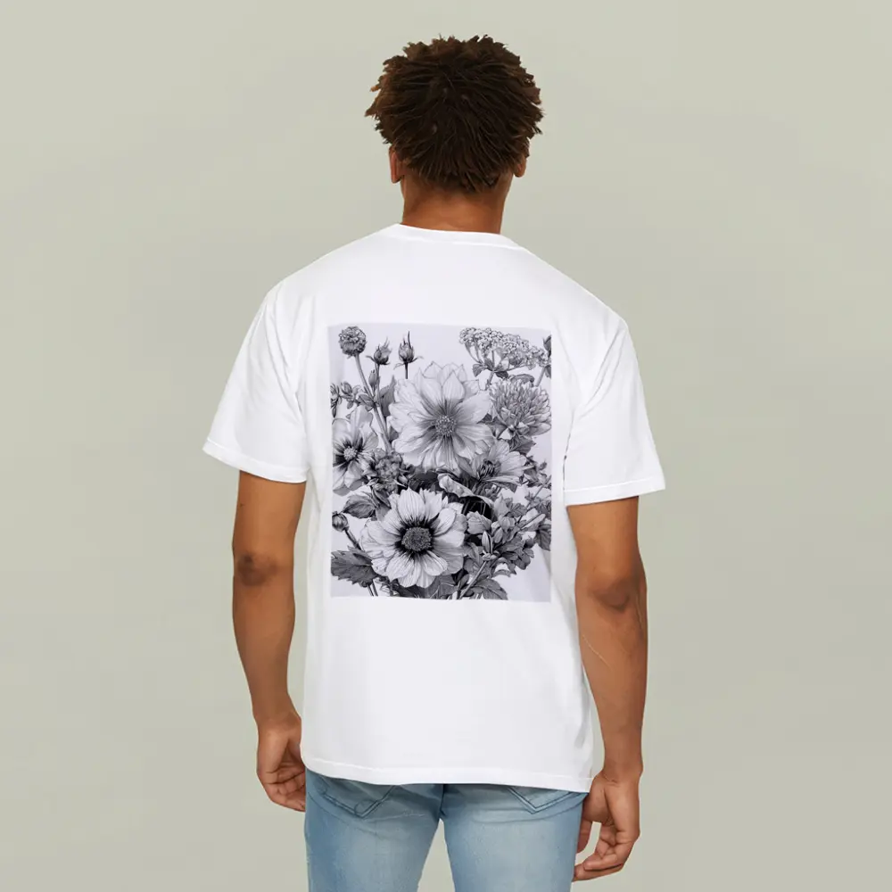 Black and White Botanical Flower Bouquet Drawing – T-Shirts