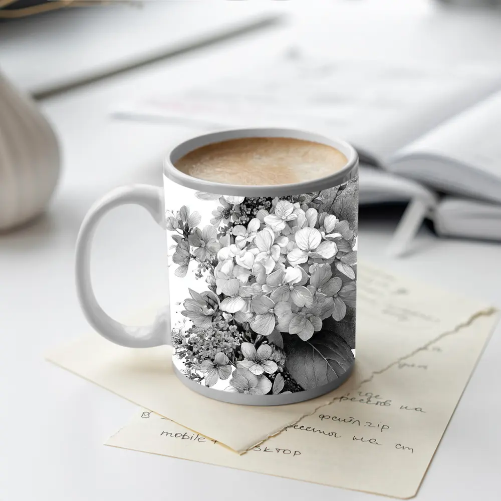 Black and White Hydrangea Botanical Floral Art – Mugs
