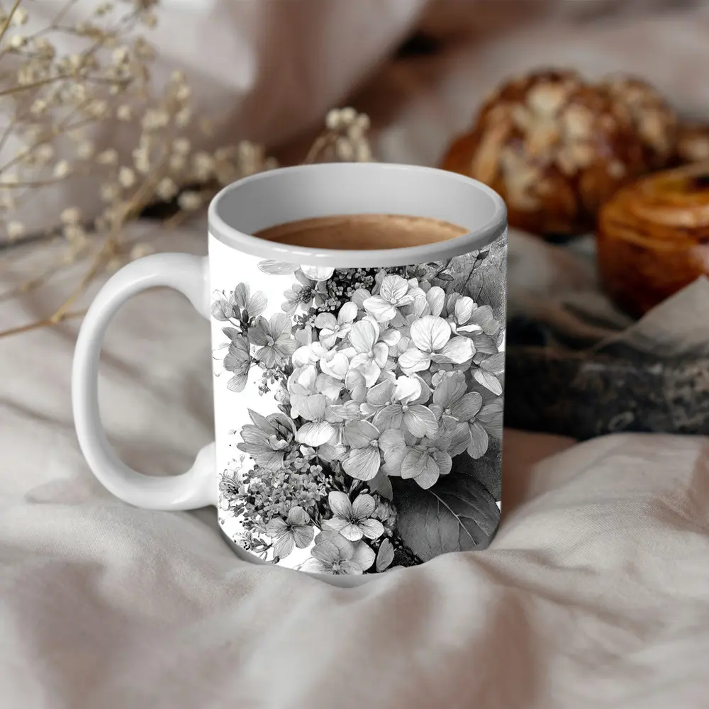 Black and White Hydrangea Botanical Floral Art – Mugs