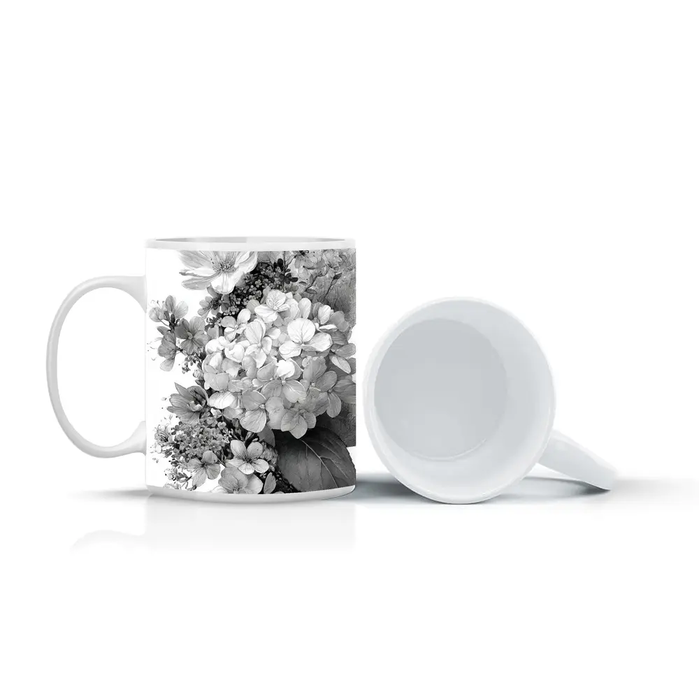 Black and White Hydrangea Botanical Floral Art – Mugs
