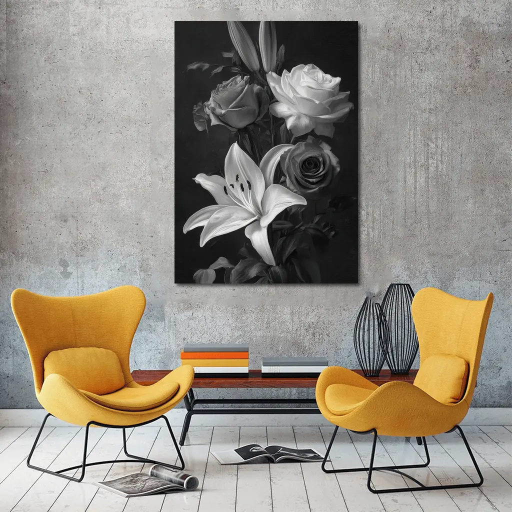 Black And White Roses Lilies Dark Background – Wall Art