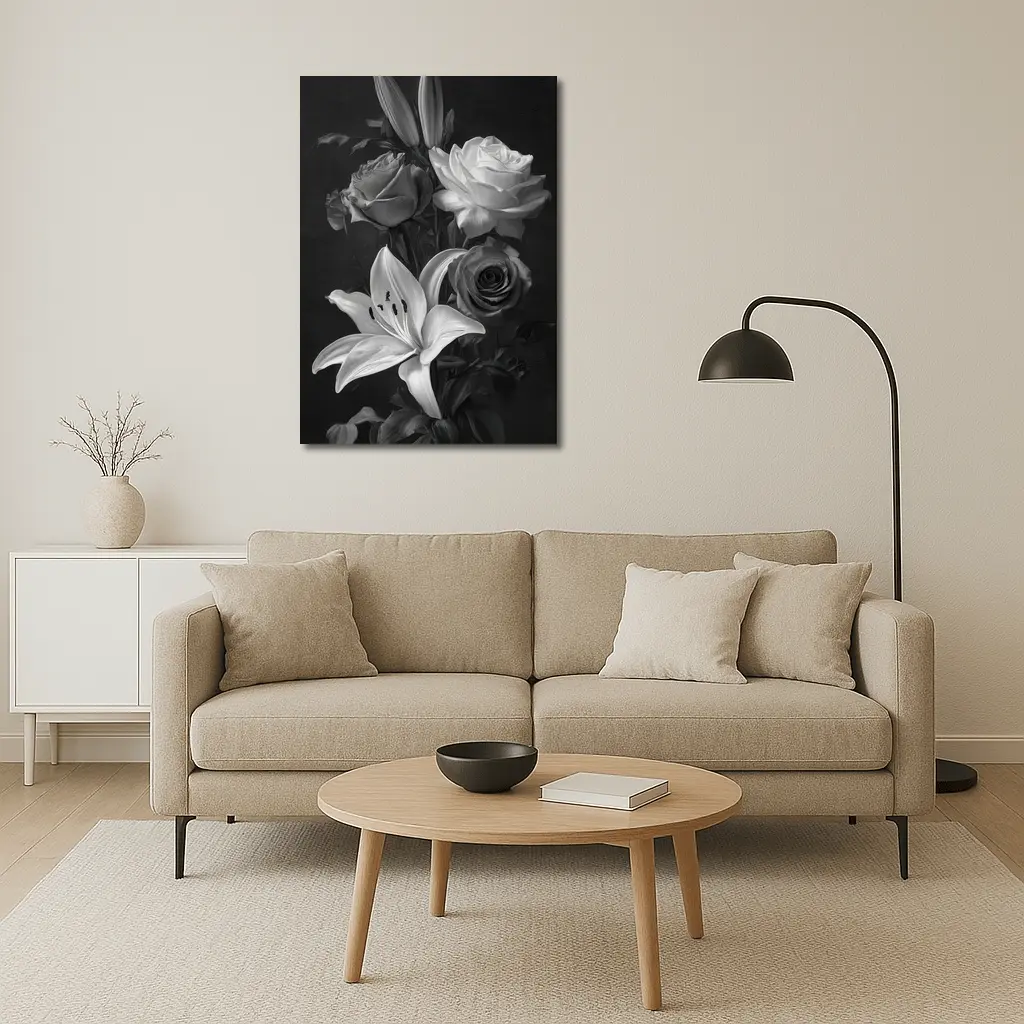 Black And White Roses Lilies Dark Background – Wall Art
