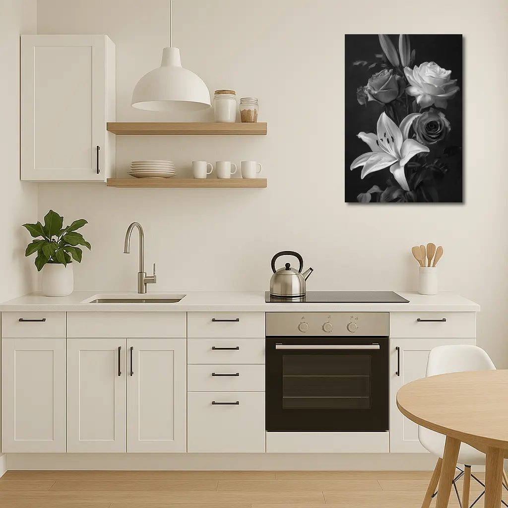 Black And White Roses Lilies Dark Background – Wall Art