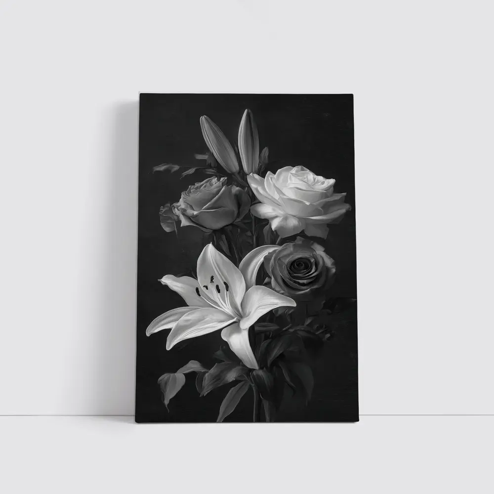 Black And White Roses Lilies Dark Background – Wall Art