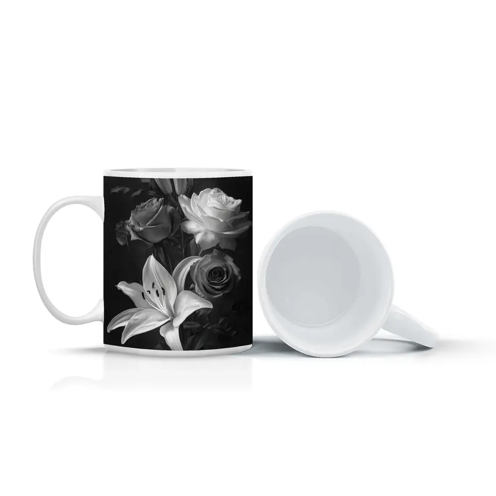Black And White Roses Lilies Dark Background – Mugs