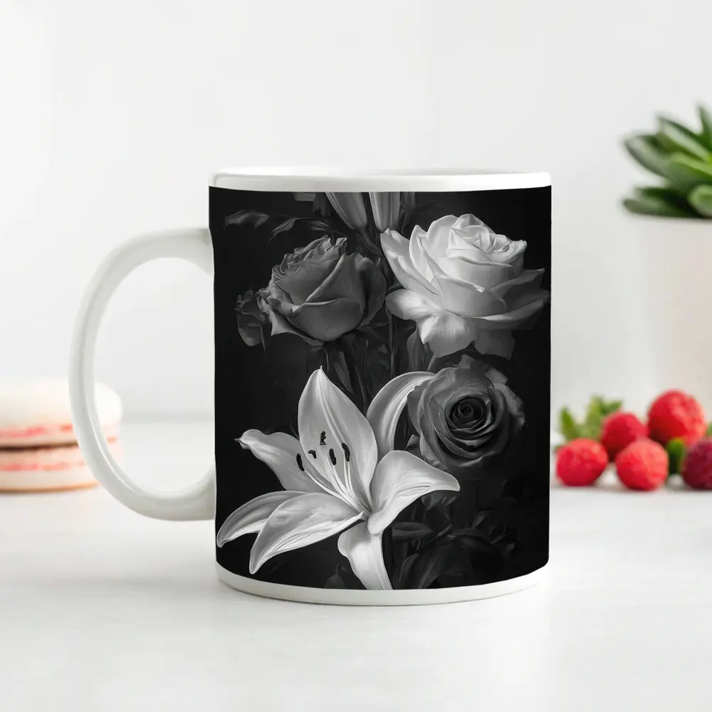 Black And White Roses Lilies Dark Background – Mugs