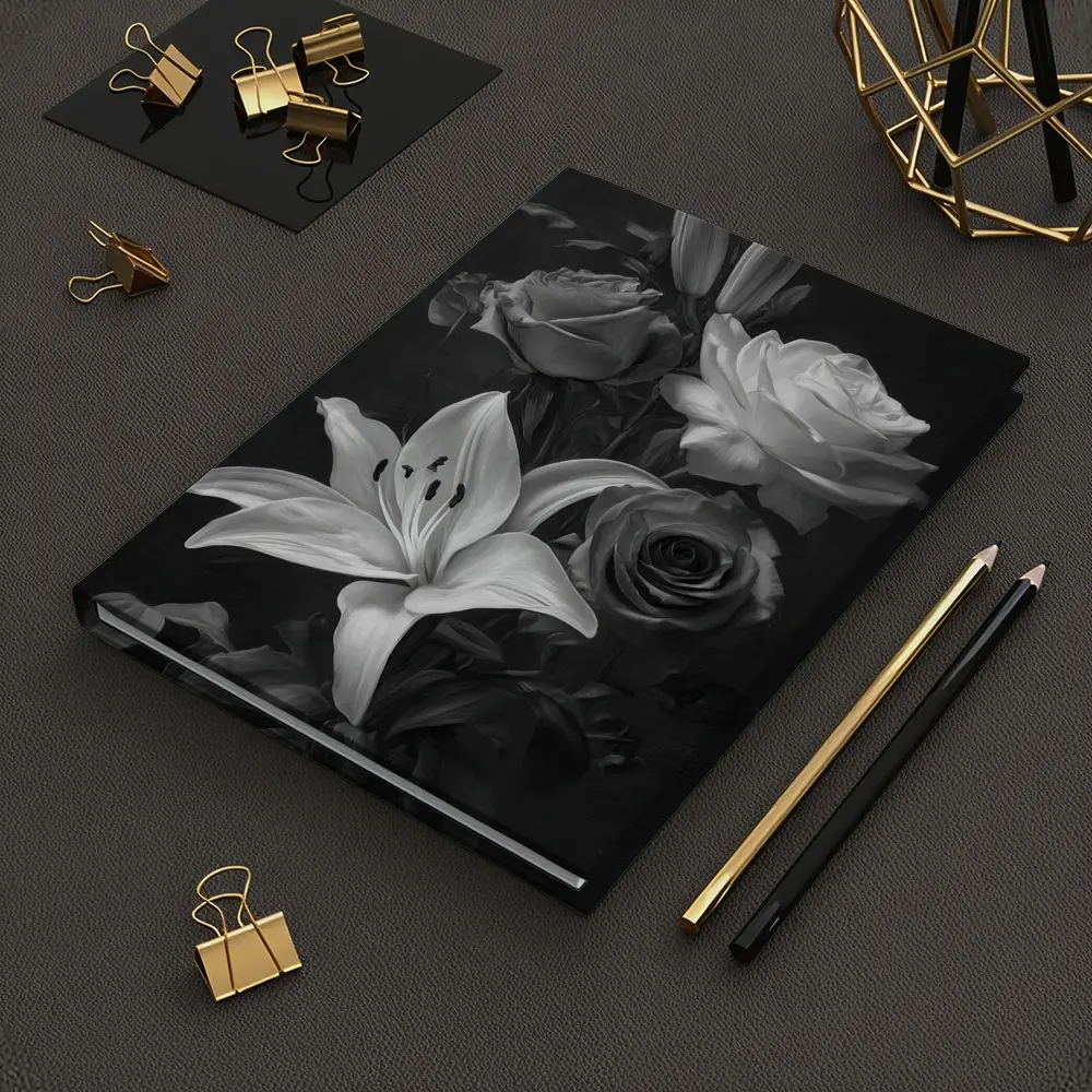 Black And White Roses Lilies Dark Background – Notebooks