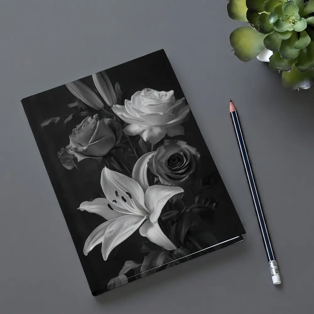 Black And White Roses Lilies Dark Background – Notebooks