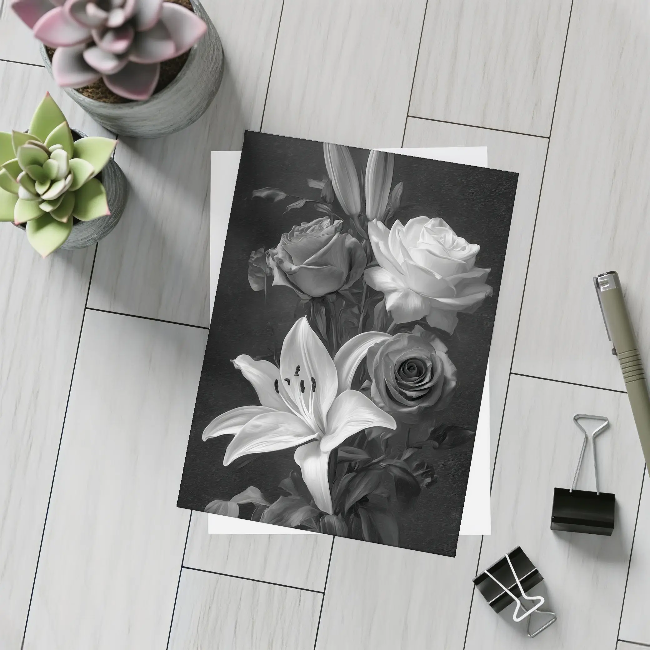 Black And White Roses Lilies Dark Background – Postcards