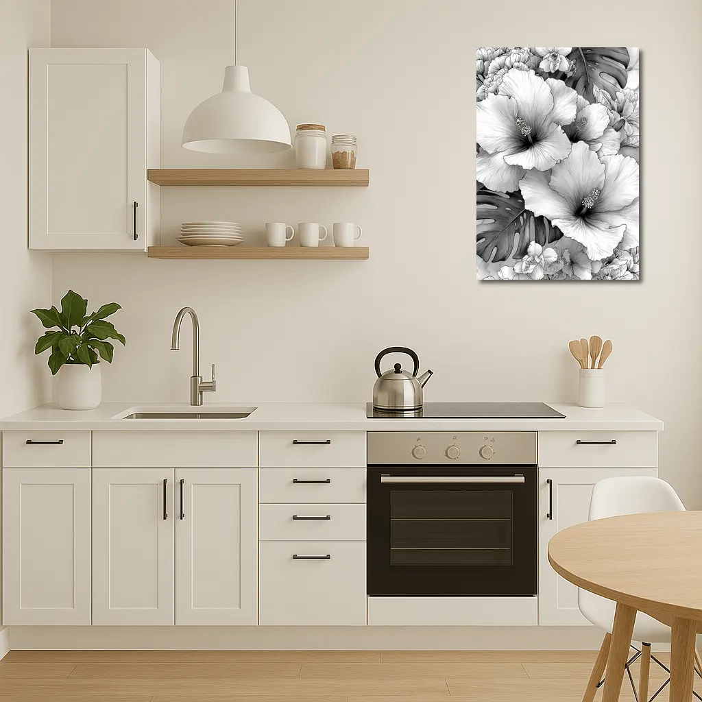 Hibiscus Flowers Monstera Leaves Black White Drawing – Wall Art