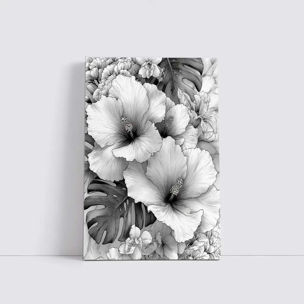 Hibiscus Flowers Monstera Leaves Black White Drawing – Wall Art