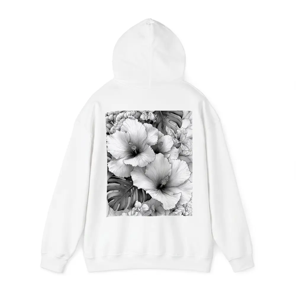 Hibiscus Flowers Monstera Leaves Black White Drawing – Hoodies