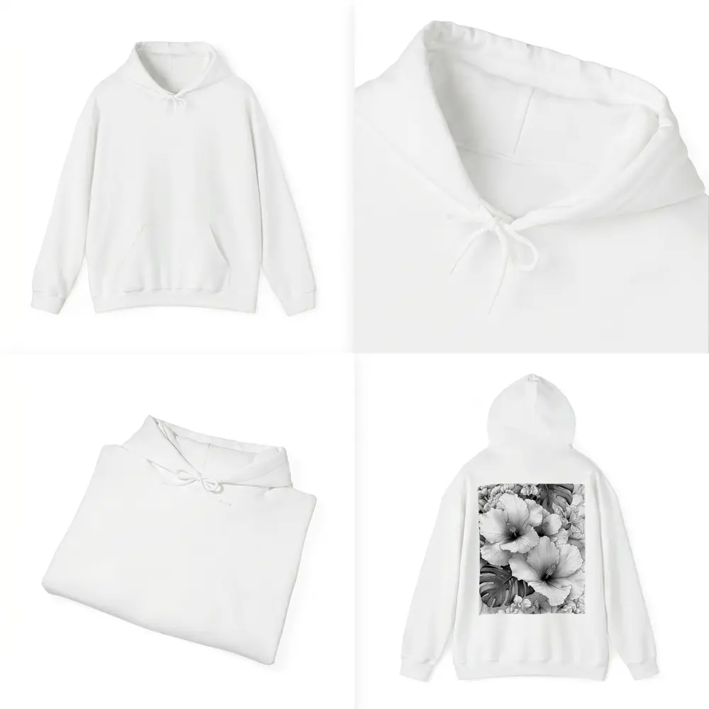 Hibiscus Flowers Monstera Leaves Black White Drawing – Hoodies