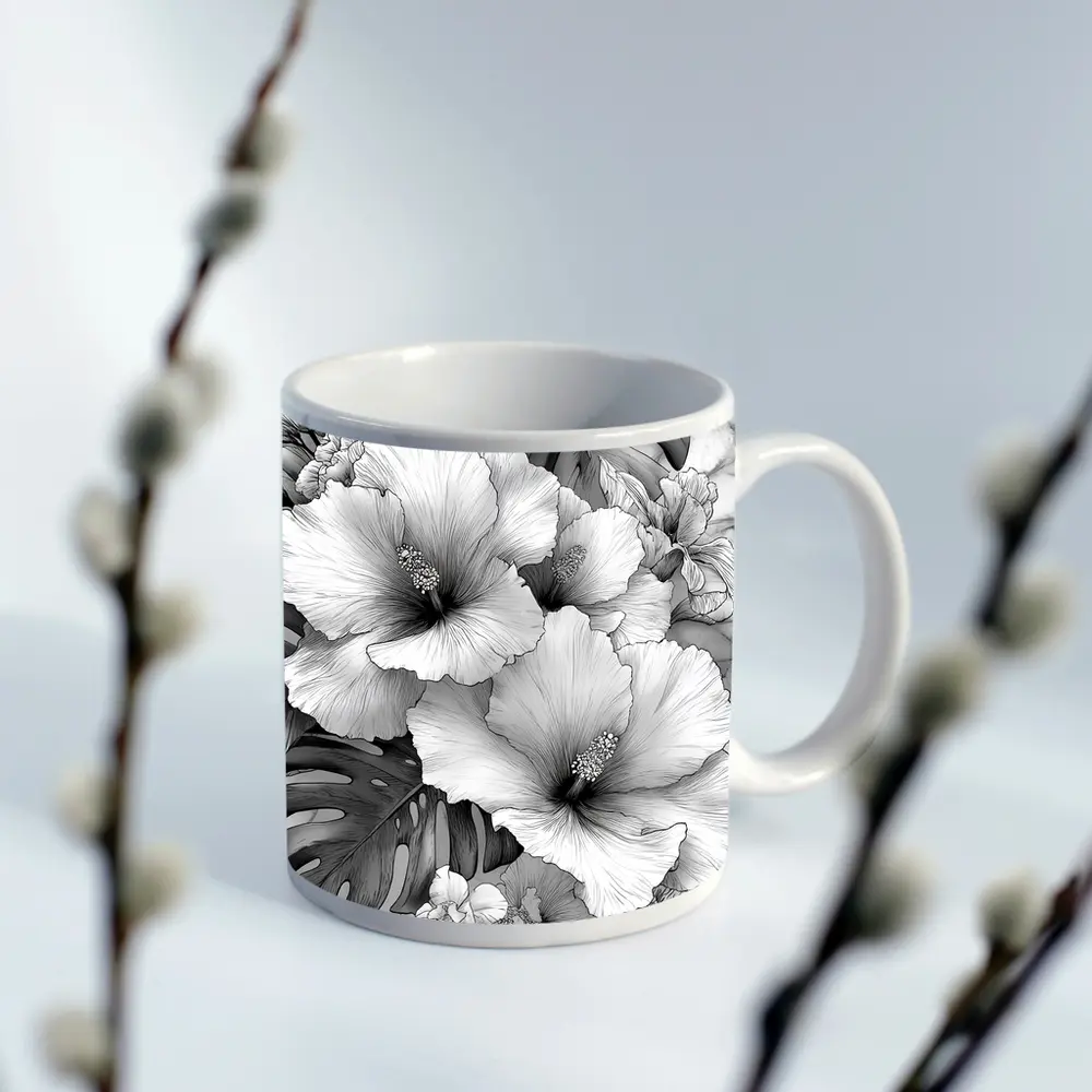 Hibiscus Flowers Monstera Leaves Black White Drawing – Mugs