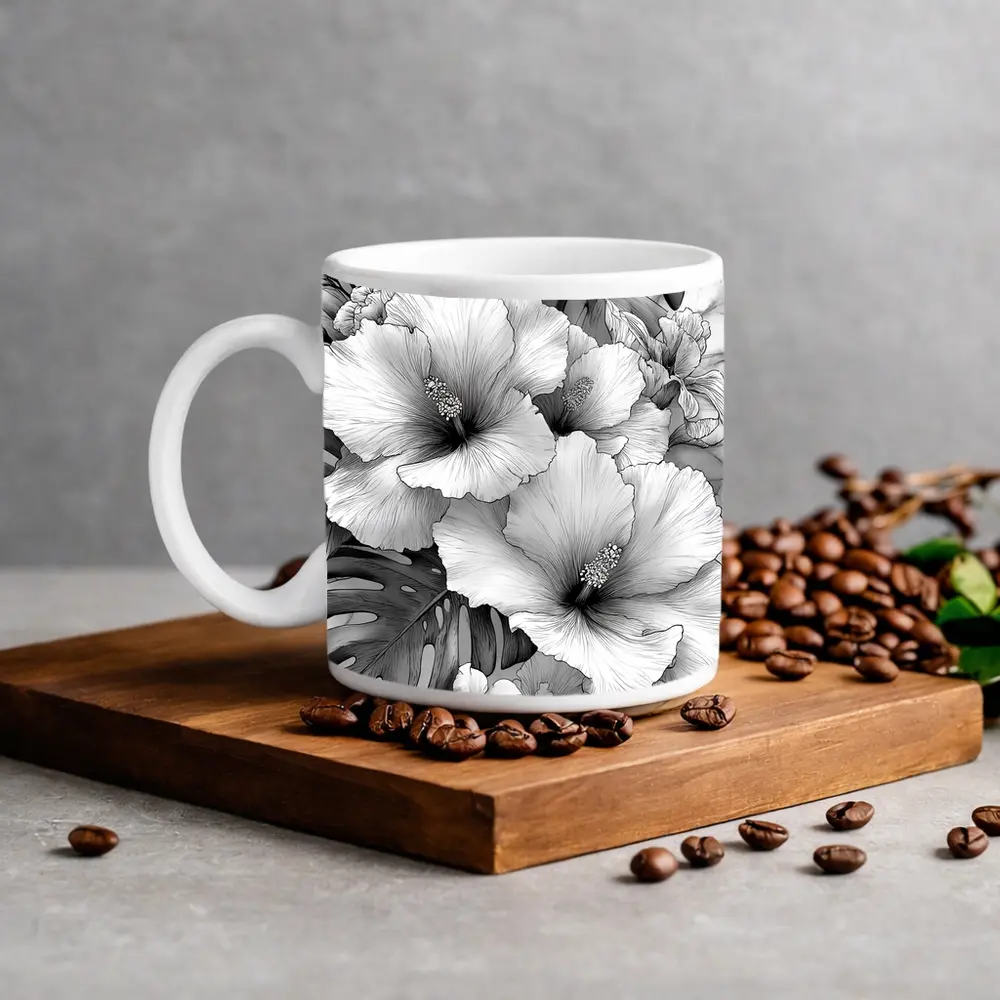 Hibiscus Flowers Monstera Leaves Black White Drawing – Mugs